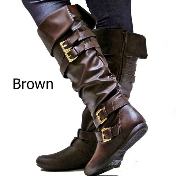 New Brown Buckle Slouchy Knee High Riding Boots - Picture 2 of 3